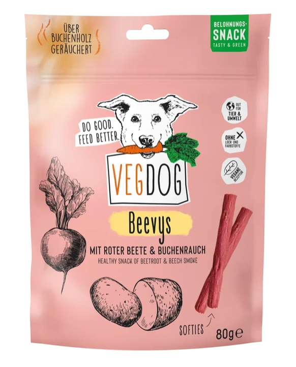 Vegdog Beevys - vegane Leckerli mit Rote Beete und Buchenrauch 80 g